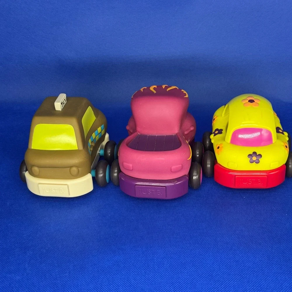 Battat B Wheeee-ls Soft Toy Cars Lot-3 Taxi Truck Flower Bug Pull Back Toddler
